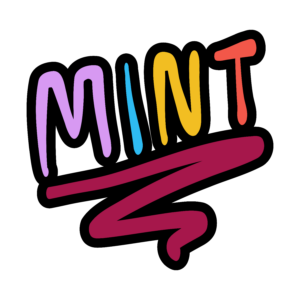 Der Sticker zeigt das Wort „MINT“, das unterstrichen ist und in bunten Farben gestaltet ist. Das gesamte Stickerpaket „MINT-Spirit“ zeichnet sich durch seinen Cartoon-Stil mit schwarzen, dynamischen Linien und hellblauen, fliederfarbenen, sonnengelben und bordroten Füllfarben aus.