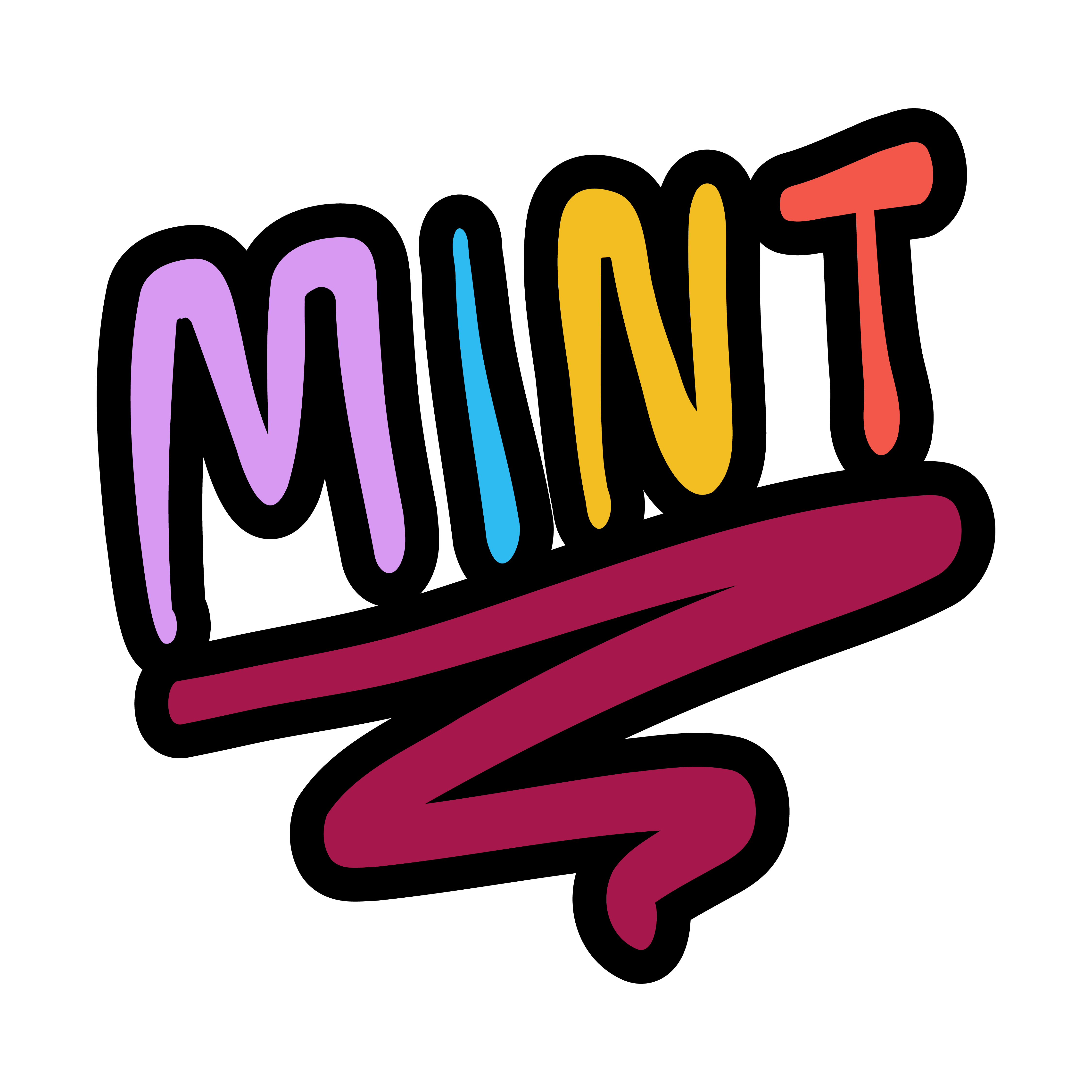Der Sticker zeigt das Wort „MINT“, das unterstrichen ist und in bunten Farben gestaltet ist. Das gesamte Stickerpaket „MINT-Spirit“ zeichnet sich durch seinen Cartoon-Stil mit schwarzen, dynamischen Linien und hellblauen, fliederfarbenen, sonnengelben und bordroten Füllfarben aus.