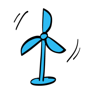 Der Sticker zeigt ein hellblaues Windrad. Graue Bewegungslinien deuten eine Drehbewegung an. Das gesamte Stickerpaket „MINT-Spirit“ zeichnet sich durch seinen Cartoon-Stil mit schwarzen, dynamischen Linien und hellblauen, fliederfarbenen, sonnengelben und bordroten Füllfarben aus.